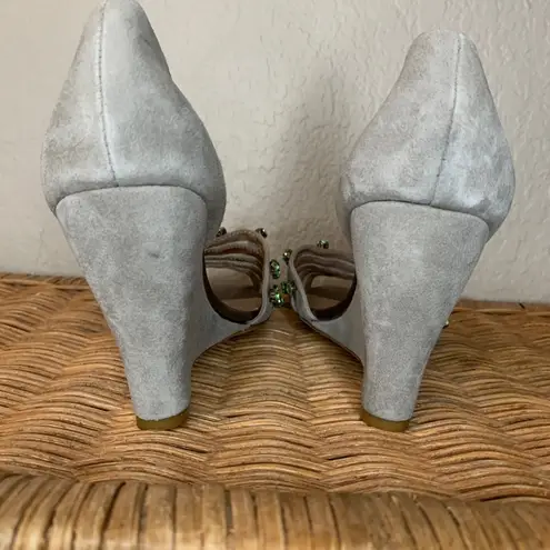 Anthropologie  Faryl Robin Gray Suede Wedges with Jeweled Open Toes Size 8