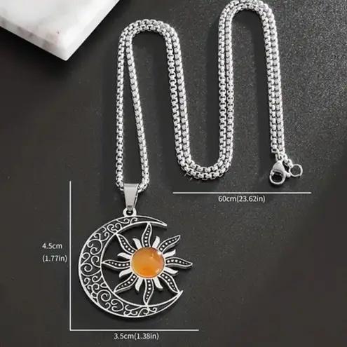 Silver Crescent Moon & Sun Amber Pendant Necklace