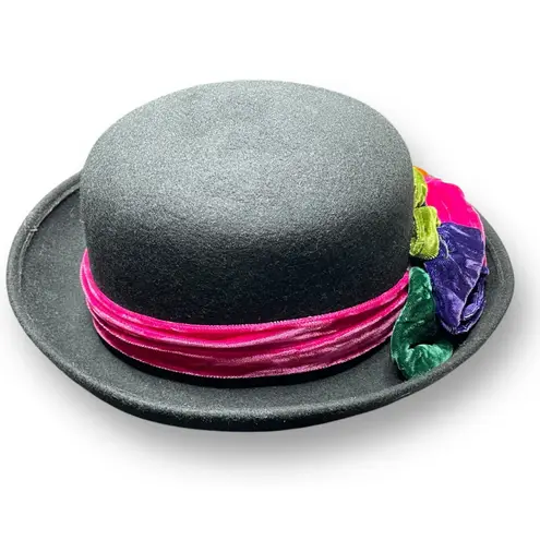 Vintage Toucan New York Hat 100% Wool Felt Bowler Derby Fedora Flowers Made USA Black