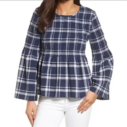 Caslon Plaid Smocked Peplum Bell Sleeve Top Size M
