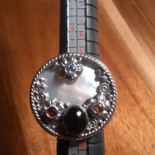 Shungite Multi Gemstone Mother of Pearl Sterling Silver Cocktail Ring (Size 7)