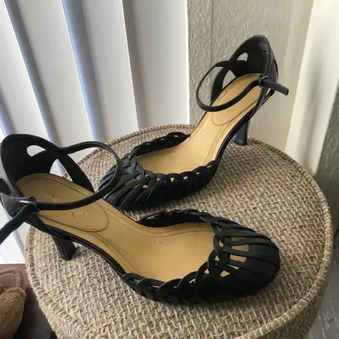 Nine West 90s/2000s  black vintage y2k roman hollow strappy cage cone curved round toe basket weaving fisherman maryjane heeled pumps 100% genuine leather