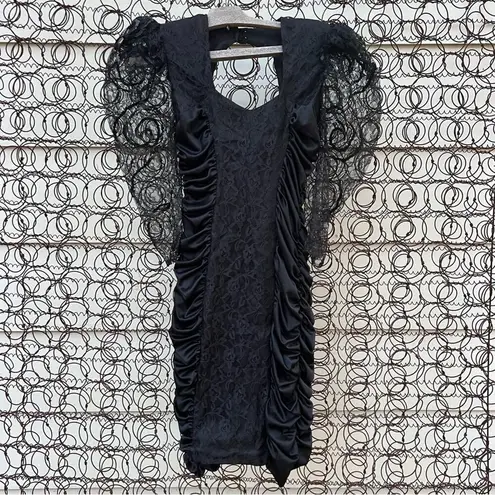 80s Mayvens of California Black Ruched Bodycon Dress Sheer Sequin Puff Sleeve 3