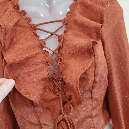 Milk & Honey Glitter Lace Up Ruffle Peasant Blouse Rust Red Side Zip Size Small Brown