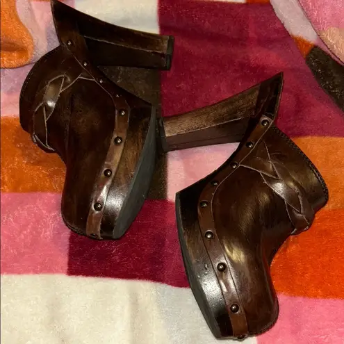 Brown Leather Mules with Chunky Heel Size 7.5