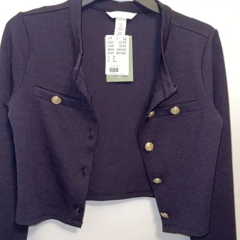 NWT Navy Textured Cropped Cardigan Gold Size XS