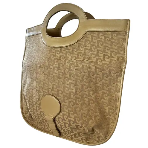Pierre Cardin Vintage Jacquard Logo Beige Leather Foldover Tote Evening Bag