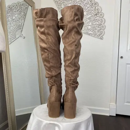 Faux Suede Slouchy Tan Brown Boho Bohochic Over The Knee Boots Block Heel US 7.5