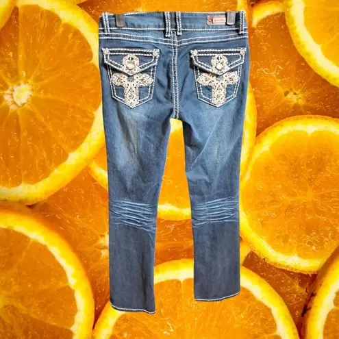 ViVi Dina Embellished Boot Cut Jeans Crystal Cross Pocket Dark Wash Size 5 Blue