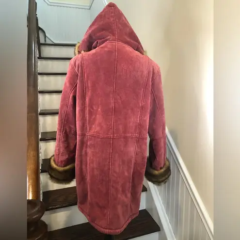 Dennis Basso Dusky Rose Long Line Suede Hooded Pea Coat w Pockets Sz MED NWOT