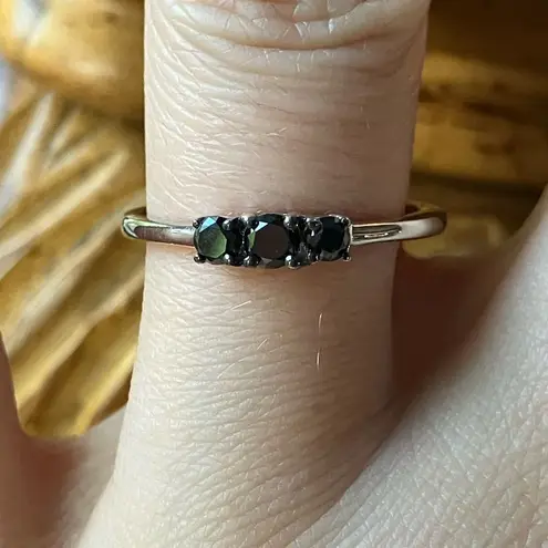 Natural Black Diamond Sterling Silver Trilogy Ring Size 7