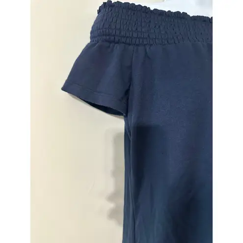 Drew ANTHROPOLOGIE Off Shoulder Top XS Navy Blue Smocked Neckline Short Sleeve