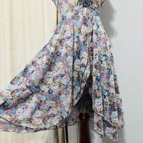 Garey Petites California Floral Wrap Midi Dress Ruffle V Neck Tie Waist Size S Purple