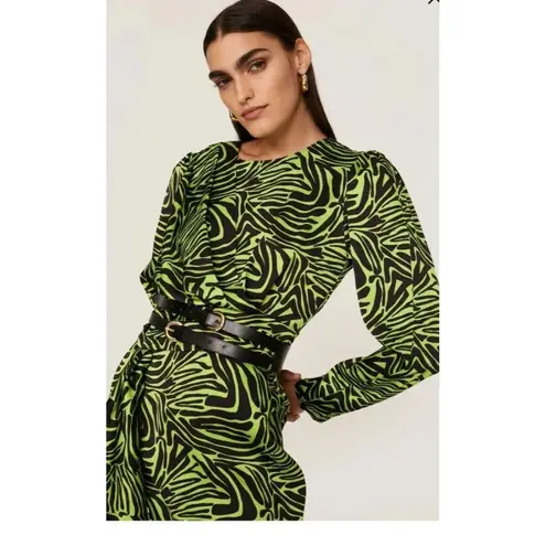 Rent the runway size 4 low cut ronny kobo zebra print green dress ruffle animal