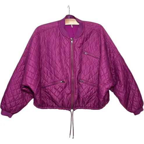 Free People  Easy Quilted Bomber Jacket Purple Zipper Oversized Dolman Size Small
