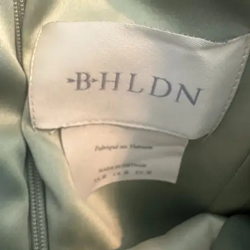 BHLDN Anthropologie Strapless Green Satin Dress Ruched Knee Length Size Med NWT