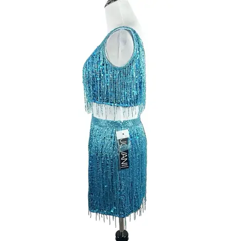 Jovani  Fringe Sequin Beaded 2-Piece Mini Dress Prom Party Formal Blue Size 6
