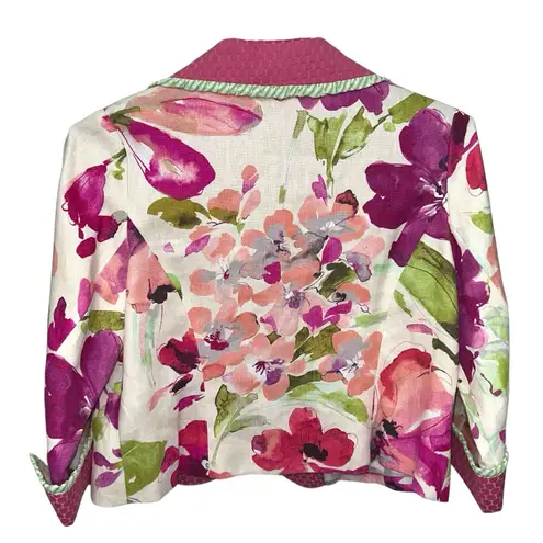 3 Sisters Floral Cropped Jacket S Colorful Pink Green Poet Collar 100% Linen Size undefined