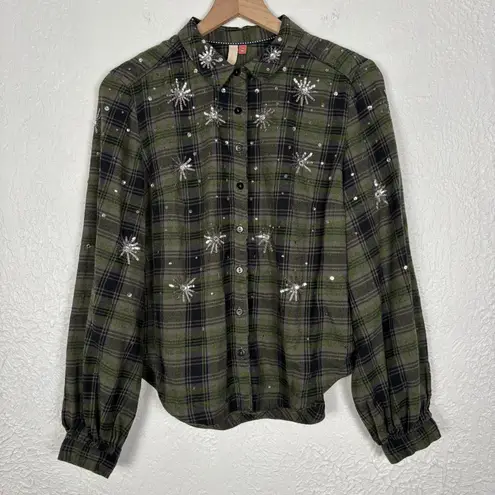 Pilcro Anthropologie Embroidered Sequin Plaid Shirt Size Small
