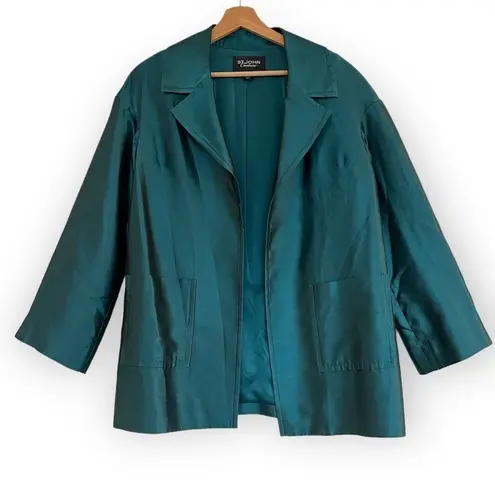 St. John COUTURE Sharkskin Silk Wool Blend Teal Open Front Jacket Blazer Size 8