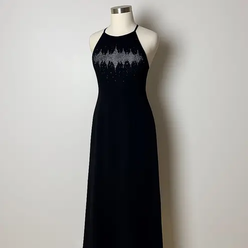 Vintage 90s Y2K Cachet Black Beaded Halter Maxi Dress 12 Formal Evening Gown