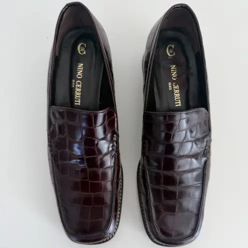 Vintage Nino Cerruti Loafers Womens 6 Croc Embossed Leather Square Toe Oxblood Black
