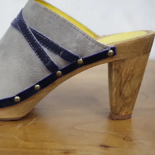 Sanita Grey Leather and wooden clog mules size 37 Gray