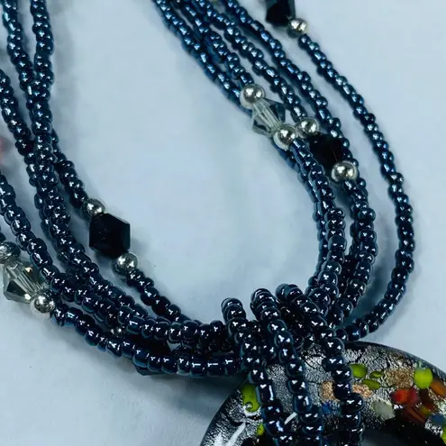 Beaded Necklace Multistrand Center Glass Focal Donut Bead Multicolor Adjustable