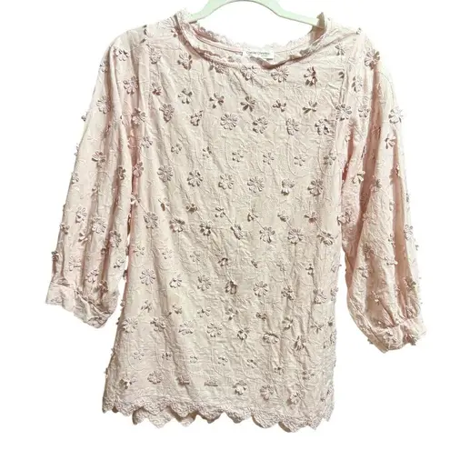 Romantic Pink Floral Appliqué Blouse Cottagecore Vibes Whimsical Scalloped Sz S