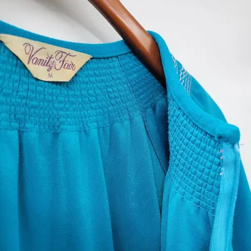 Vanity Fair VTG House Coat Womens M Blue Embroidered Collar Cuffs Fleece Long