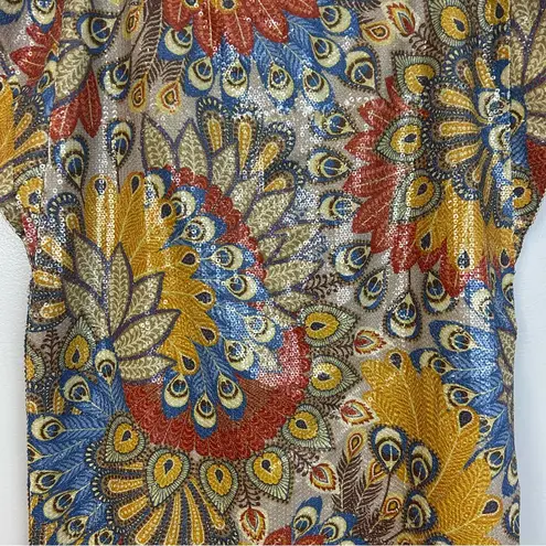 NWT Monique Leshman 100% Silk Colorful Sequin Peacock Belted Mini Dress Large Red