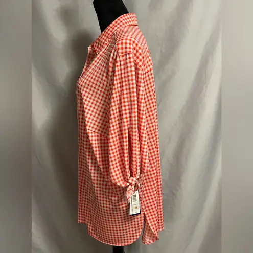 Peter Nygard Women Top 2X Orange White Check Button Front Slit Sleeve Polyester