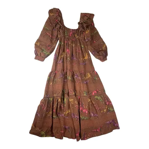 Farm Rio size small dotted horse maxi Brown puff Long Sleeve Dress