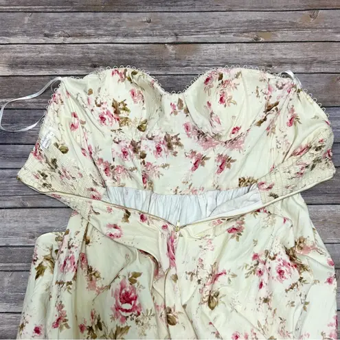 V Chapman The Valentina English Rose Ivory Pink Floral Strapless Midi Dress 14