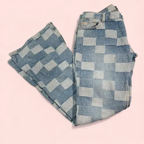 Cute Vintage Y2K low rise button fly flare patchwork denim jeans LondonJean Blue Size 8