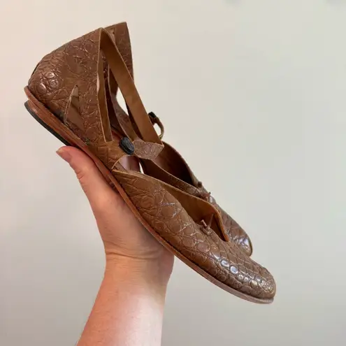 CYDWOQ Relax Reptile Embossed Textured Leather Ankle Wrap D’Orsay Flat Size 38.5 Tan