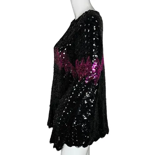 Vintage Sweater Womens 2X Black Purple Allover Sequins Shimmer Zig Zag Party