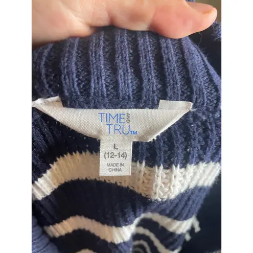 Time and Tru Womens Striped 1/4 Zip Pullover Knit Sweater Size L Blue Size L