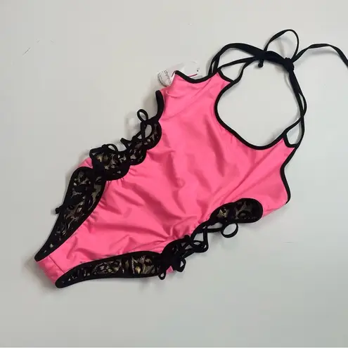 Chynnadolls Swimsuit Vegas Lace Up One Piece Lined Leopard Hologram Print Black Size L