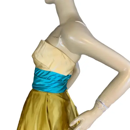 VINTAGE CIRCA 1960 CREAM, GOLD & TURQUOISE STRAPLESS SATIN FORMAL DRESS (XS) Blue