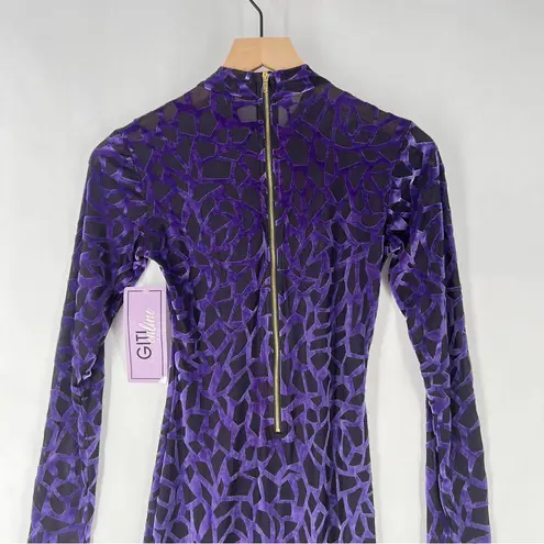 Goodtime USA Purple Burnout Velvet Geometric Long Sleeve Mock Neck Midi Dress