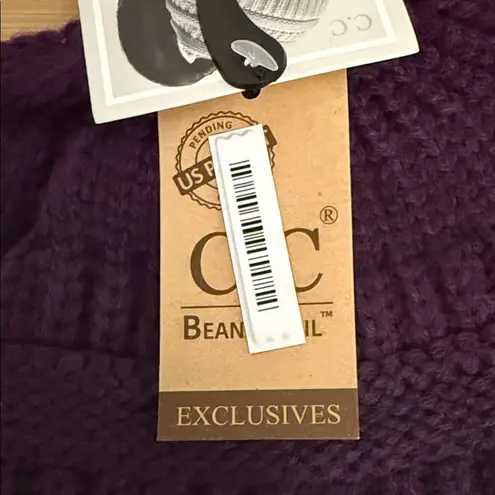 C.C BeanieTail Soft Stretch Cable Knit Messy High Bun Ponytail Beanie in Purple