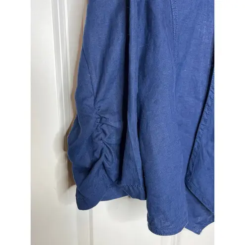  Medium Chicos Size 1 Open Front Ruched Sleeve Blue Lace Back Shirt Linen?