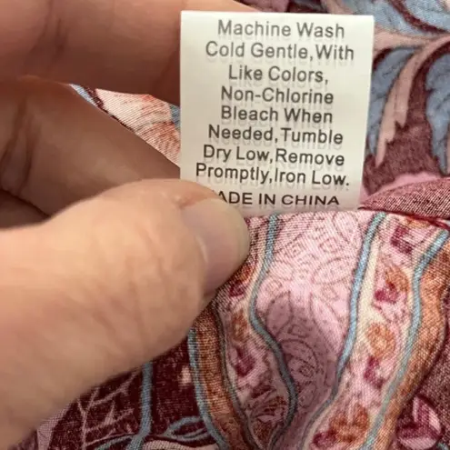 Pretty Garden Boho Cottagecore Blouse Large Pink Floral Tie Neck Peasant Top