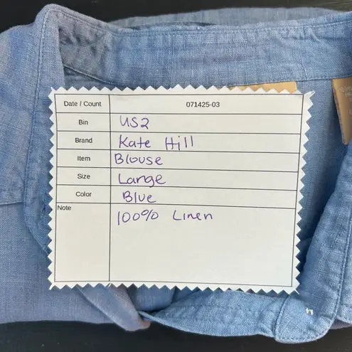 Kate Hill Womens Button Up Blouse Size Large Linen Short Sleeve Blue Blouse