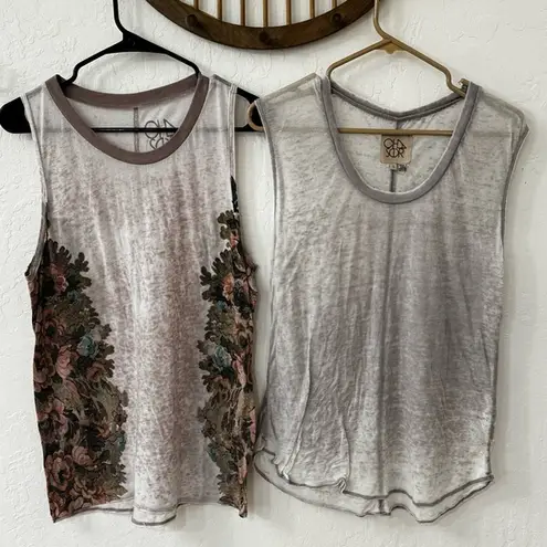 Chaser  Bundle of 2 Lightweight Semi Sheer Acid Washed Sleeveless Floral Tanks S