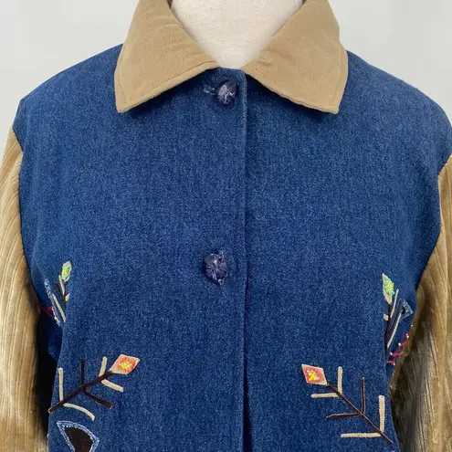 Vintage 90s Embellished Jean Jacket Beaded Denim Corduroy Sleeve Womens XL Blue