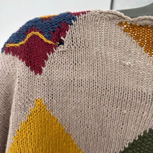 Vintage Knitting Needles Knit Sweater Embellished Geometric Sweater Wacky Sz L Tan Size L