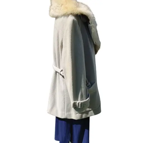 Real Fox Fur Collar Coat Belt Light Gray Wool Satin Lining Project or Parts Size 12