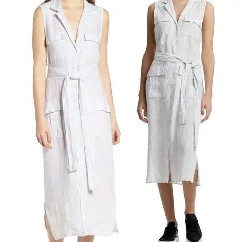 James Perse Standard Linen Shirtdress Sleeveless Striped Midi Belted Gray 0 XS